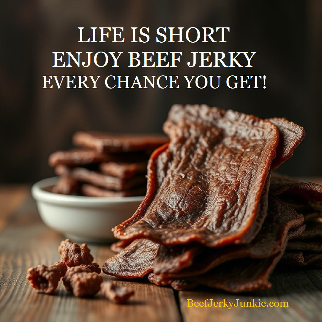 Enjoy Beef Jerky beef jerky in a bowl with beautiful lighting