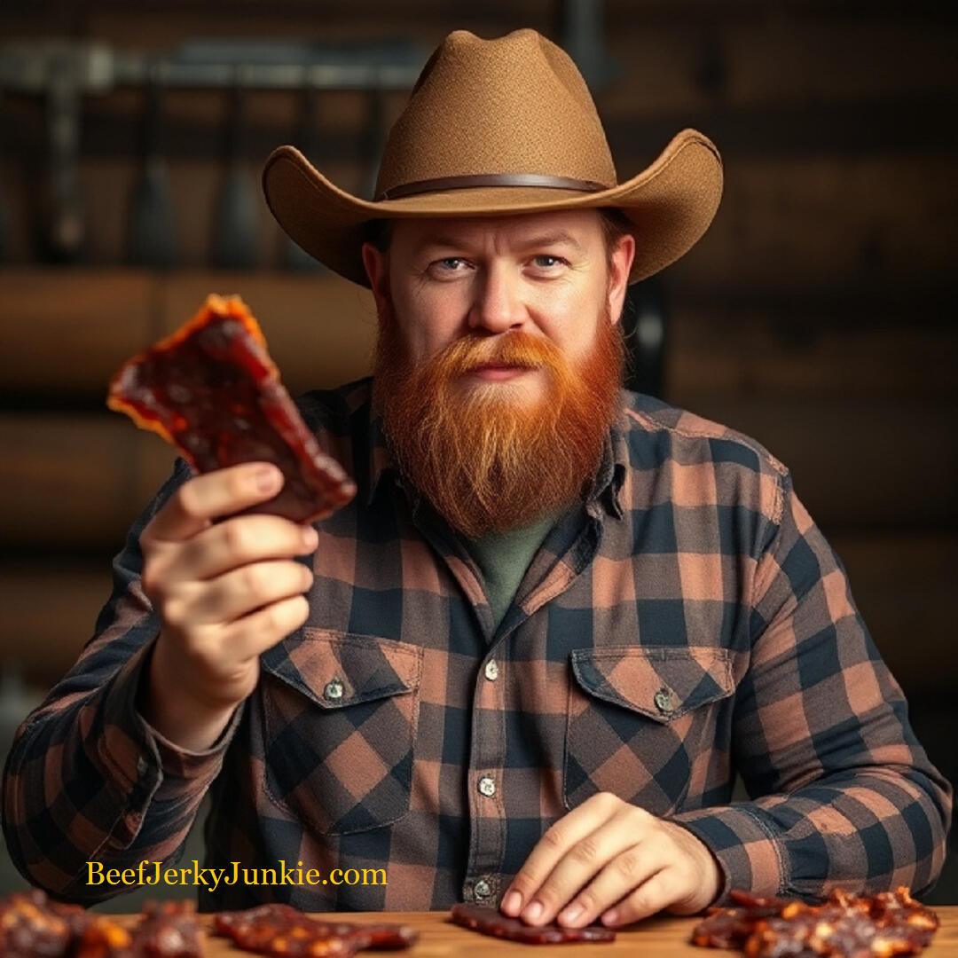 Beef Jerky Junkie Bearded cowboy with long-sleeved flannel shirt holding up a big piece of beef jerky