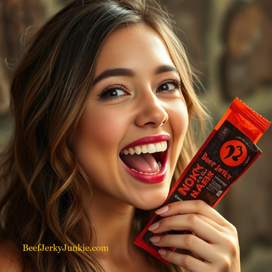 Christmas Beef Jerky beautiful smiling girl with mouth open, perfect teeth holding a small package of beef jerky